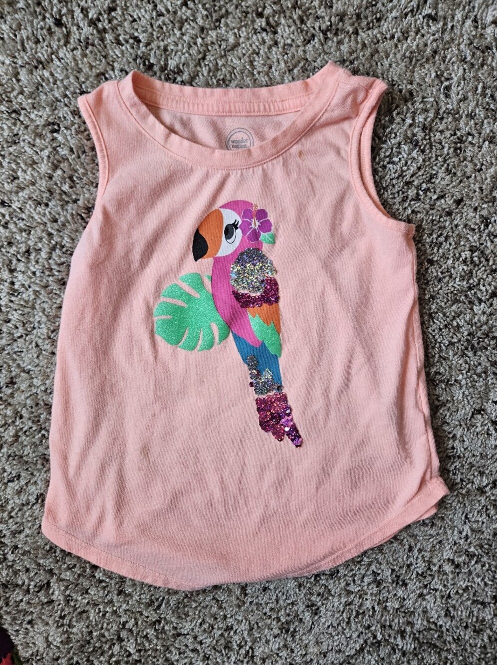 Kids Pink Parrot Graphic Tank Top - Glitter Tropical Design
